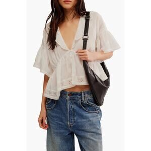 Free People Elle Eyelet Cotton Top White Small V Neck Collared Cottage Babydoll